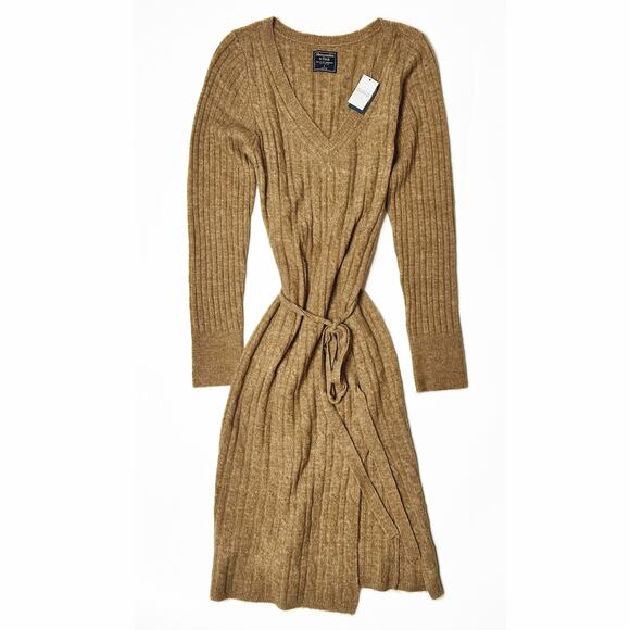 NWT Abercrombie and Fitch Cable Knit Long Sleeve V Neck Midi Sweater Dress Large - Picture 3 of 16